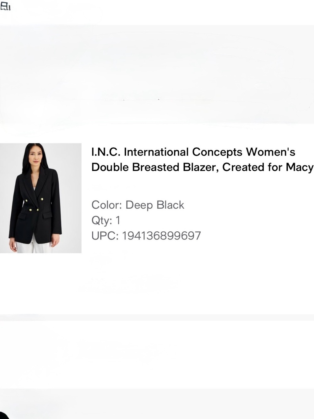 INC International Concepts Black Double-Breasted Blazer with Gold Buttons